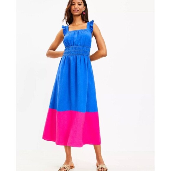 loft color block Ruffle Squer Neck Midi Dress Linen blend Blue Pink - Picture 1 of 8